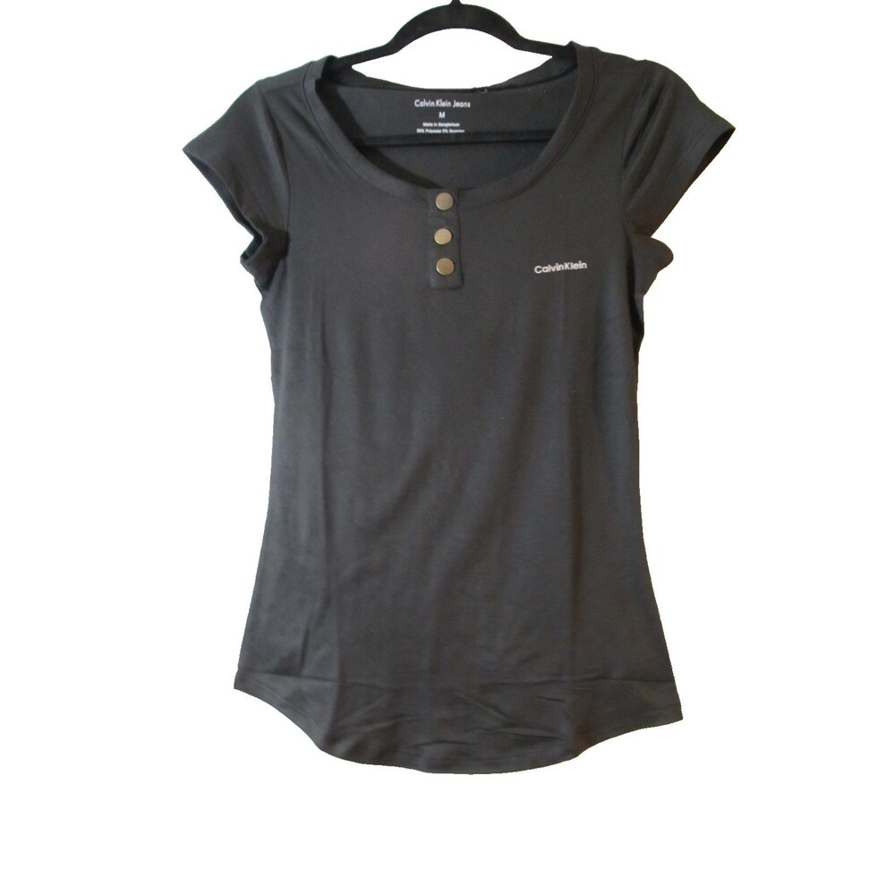 Calvin Klein Jeans Women Black Henley Top Medium NWOT Short Sleeve Button Front